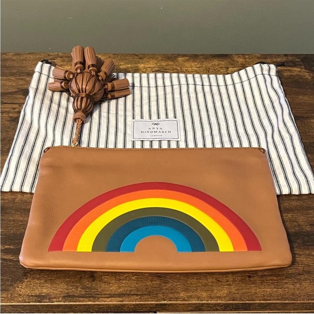 Anya Hindmarch Georgiana Silk Leather Rainbow Clutch in Caramel